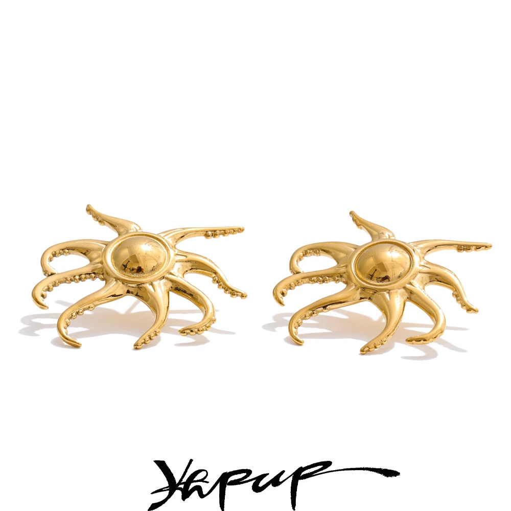 Yhpup Creative Stainless Steel Tentacle Geometry Stud Earrings for Women Summer Holiday Daily Jewelry Recommend