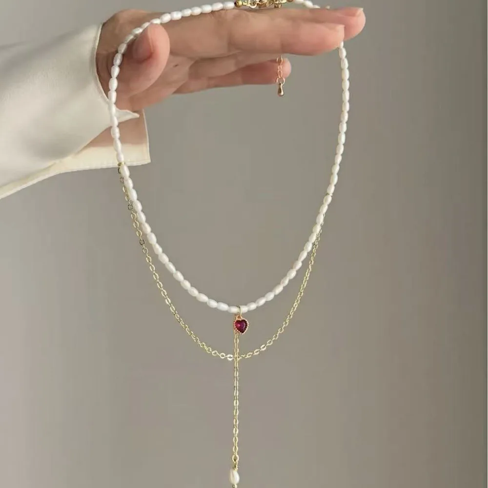 Fashion Crystal Red Heart &Chain Pendant Necklace For Women Boho Barlotte Imitation Pearl Chain Jewelry Valentine's Gift N0535 image 6
