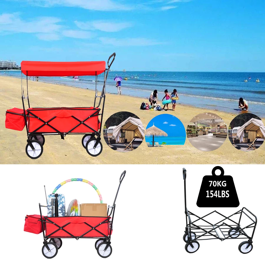 

Folding Beach Wagon With Umbrella Shopping Beach Cart Outdoor Picnic Beach Camping Wagon Camping Cart Trolley With Accessories