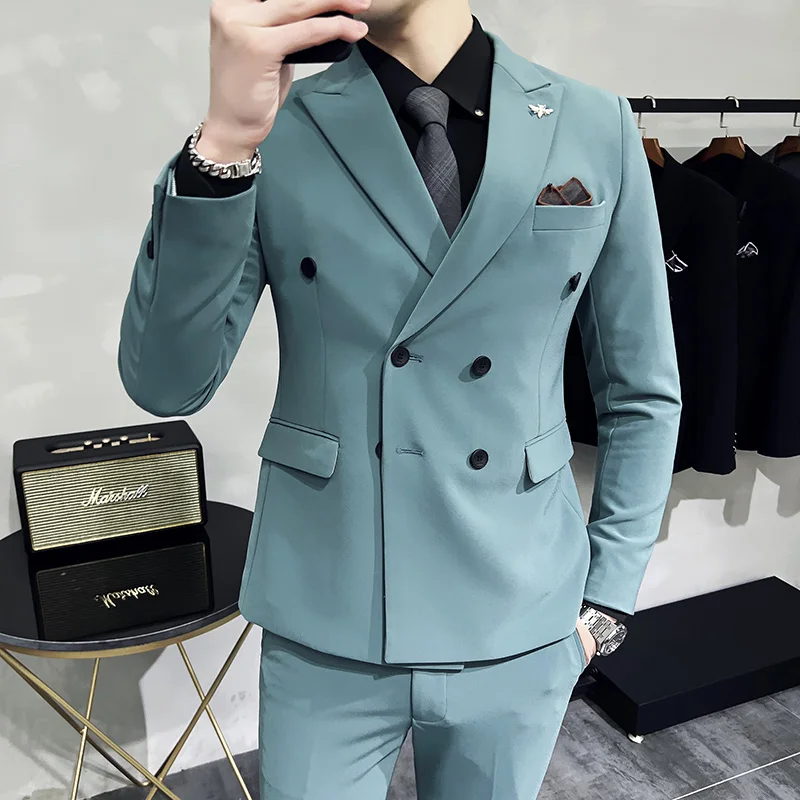 

2023New high-end fashion everything (suit + vest + trousers) slim business double-breasted small suit suit three-piece set-M-3XL