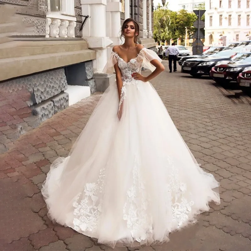 Charming Off The Shoulder Wedding Dresses 2023 A Line Lace Appliques Court Train Corset Back Short Sleeves Bridal Gowns Custom