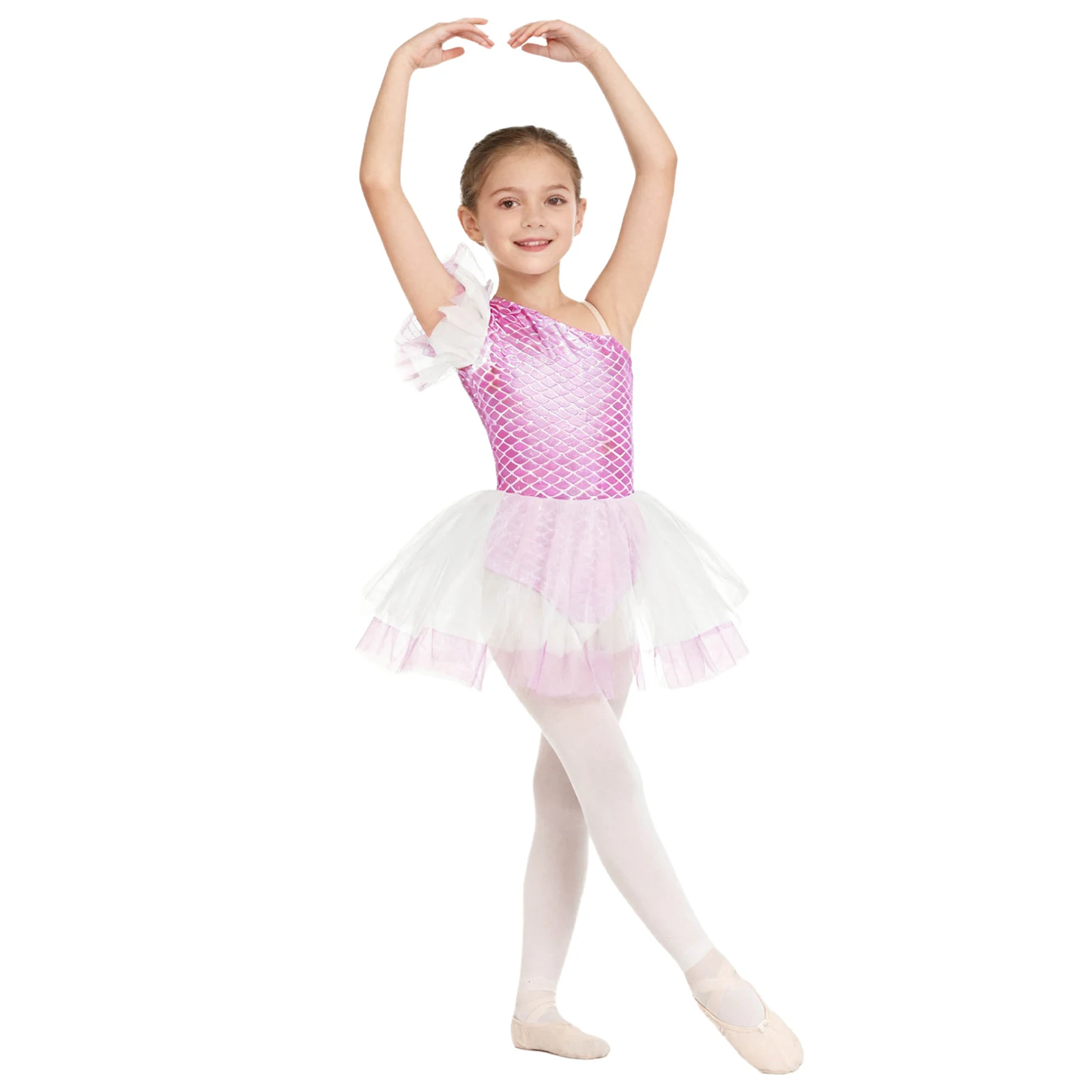 Girls Ballet Dance Tutu Dress One Shoulder Fish Scales Printed Skating Gymnastics Leotards Halloween Mermaid Ballerina Costume