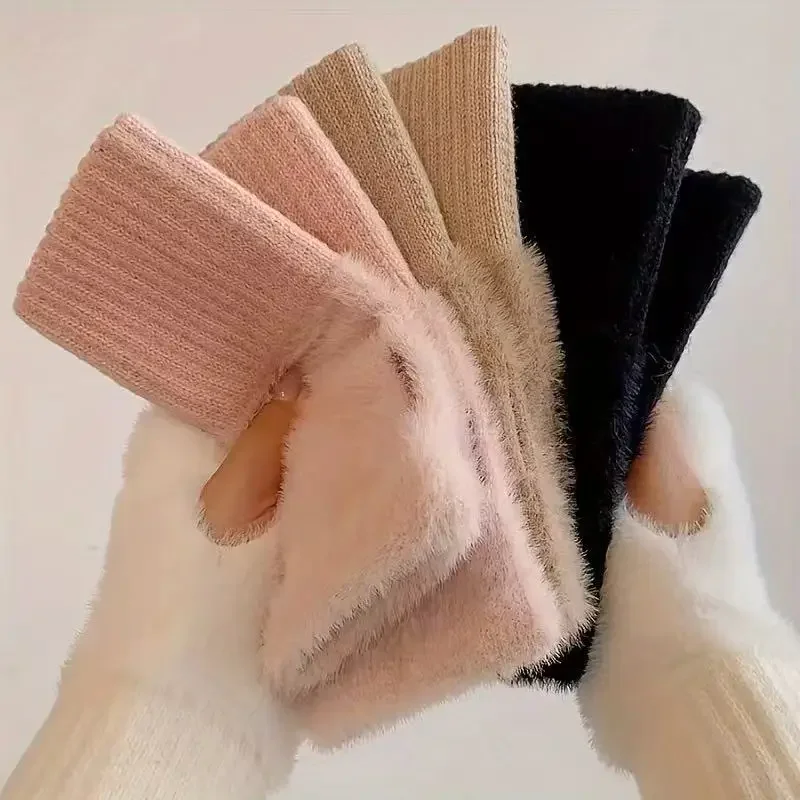 Womens Warm Half Finger Gloves Autumn Winter Plush Cold Proof Luxury Solid Plush Knitted Cute Touchscreen Half-finger Gloves