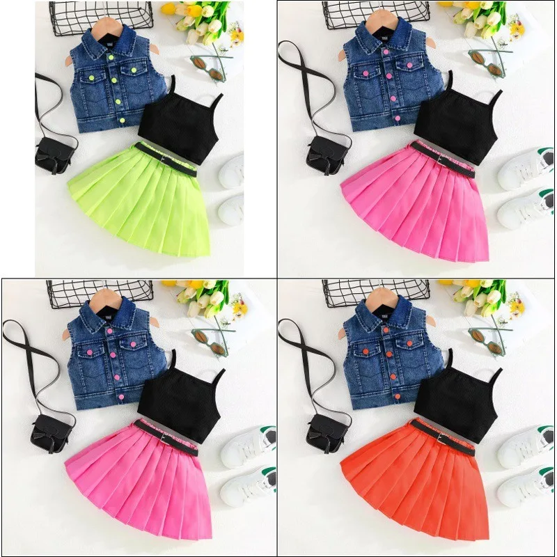 

Новый летний джинсовый жилет для девочек, топ без рукавов, плиссированная юбка с поясом, комплект из 4 предметов, детская одежда
