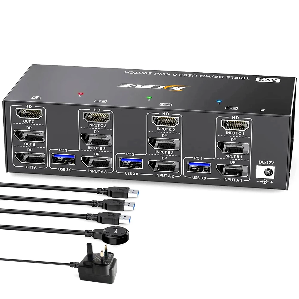 

KVM Switcher USB 3.0 KVM Switch 3 in 3 3 Monitors 3 Computers out 8K@60Hz 4K@144Hz Triple Monitor USB 4.0 Switcher For Keyboard