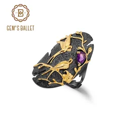 GEM'S BALLET 925 Sterling Silver Art Jewelry Handmade Loving Bird Nature Amethyst Womanโs Adjustable Statement Cocktail Ring