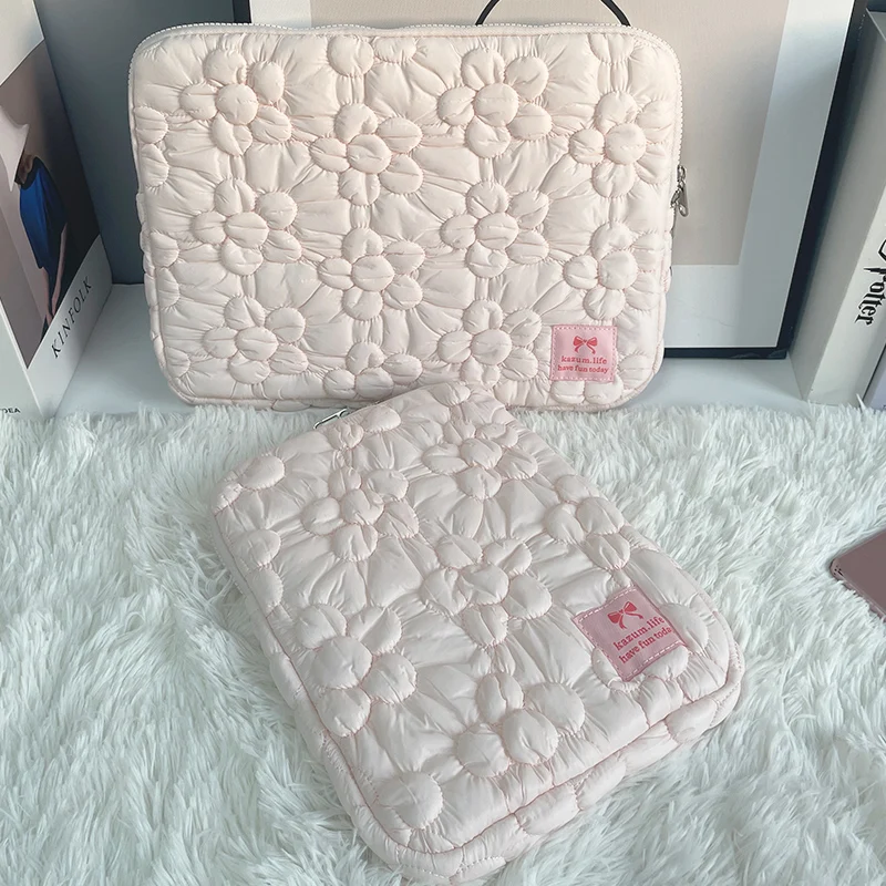 Cute Flowers Laptop Sleeve Fluffy Padded Bag For Macbook Samsung Dell Huawei 13.3 13.6 14 15 15.6 16 Ipad 9-11 Inch Tablet Pouch