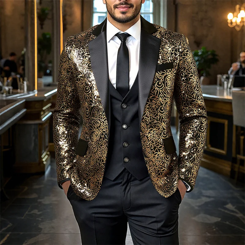 

Роскошный мужской золотой пиджак с цветочными пайетками, модный мужской пиджак с лацканами на одной пуговице 2026 года, для сцены, вечеринок и официальных мероприятий
