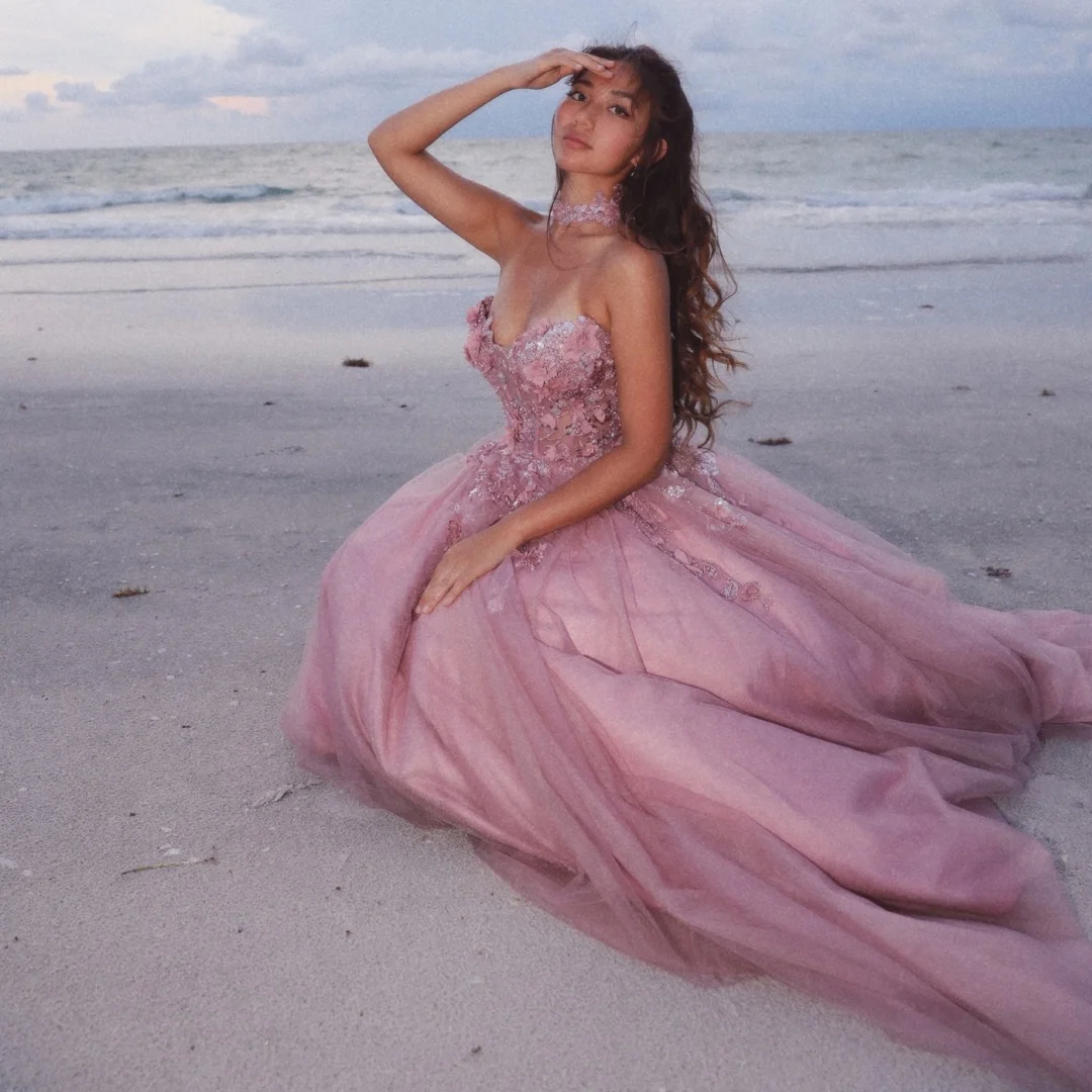 

Pink Tulle Evening Dresses with Floral Appliques Prom Dress Sweetheart Neck Sequins Wedding Party Gown Vestidos Customized