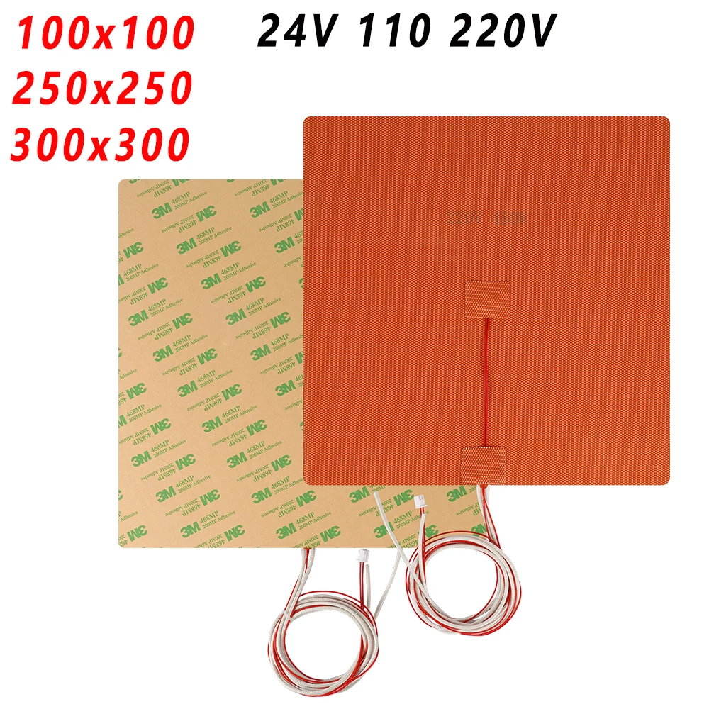 Silicone Heated Bed Heating Pad Waterproof 100x100/250X250/300X300MM 24V/110V/220V for 3D Printer Ender3 cr10 Parts Hot Bed