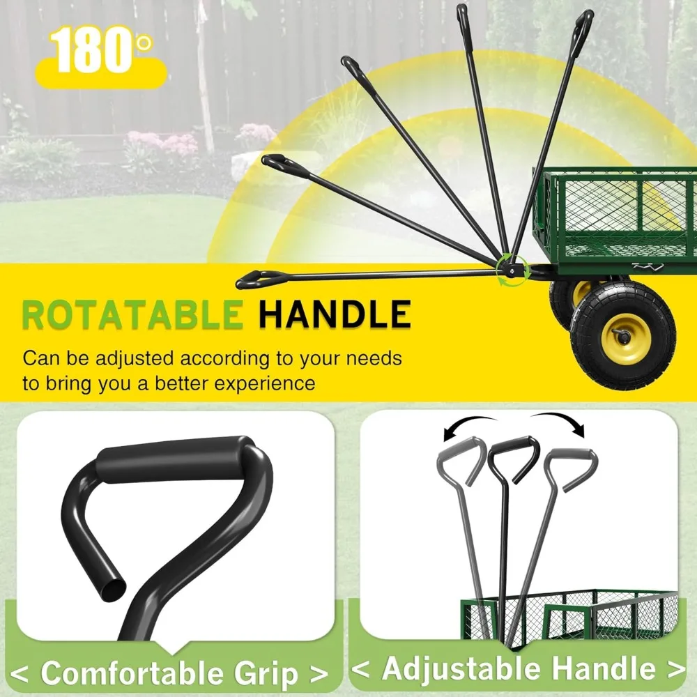 900ポンドスチールガーデンカート、頑丈なユーティリティワゴンカート、取り外し可能なメッシュサイド、10インチタイヤ、スイングアウトハンドル付き