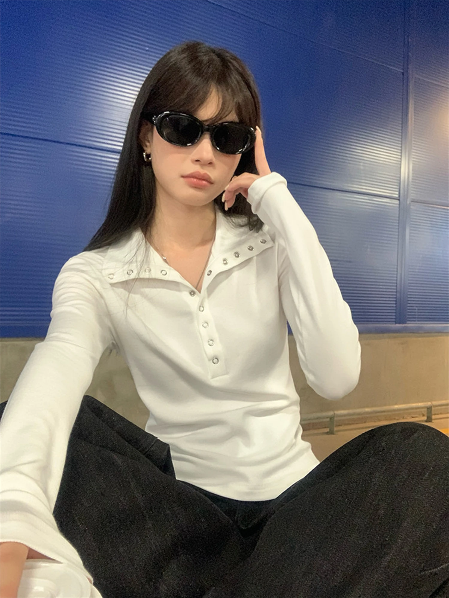 Y2K White Eyelet Collar Long Sleeve Top Women Slim Fit Henley Button Shirt 2000s Aesthetic Grunge Cute Baby Tee
