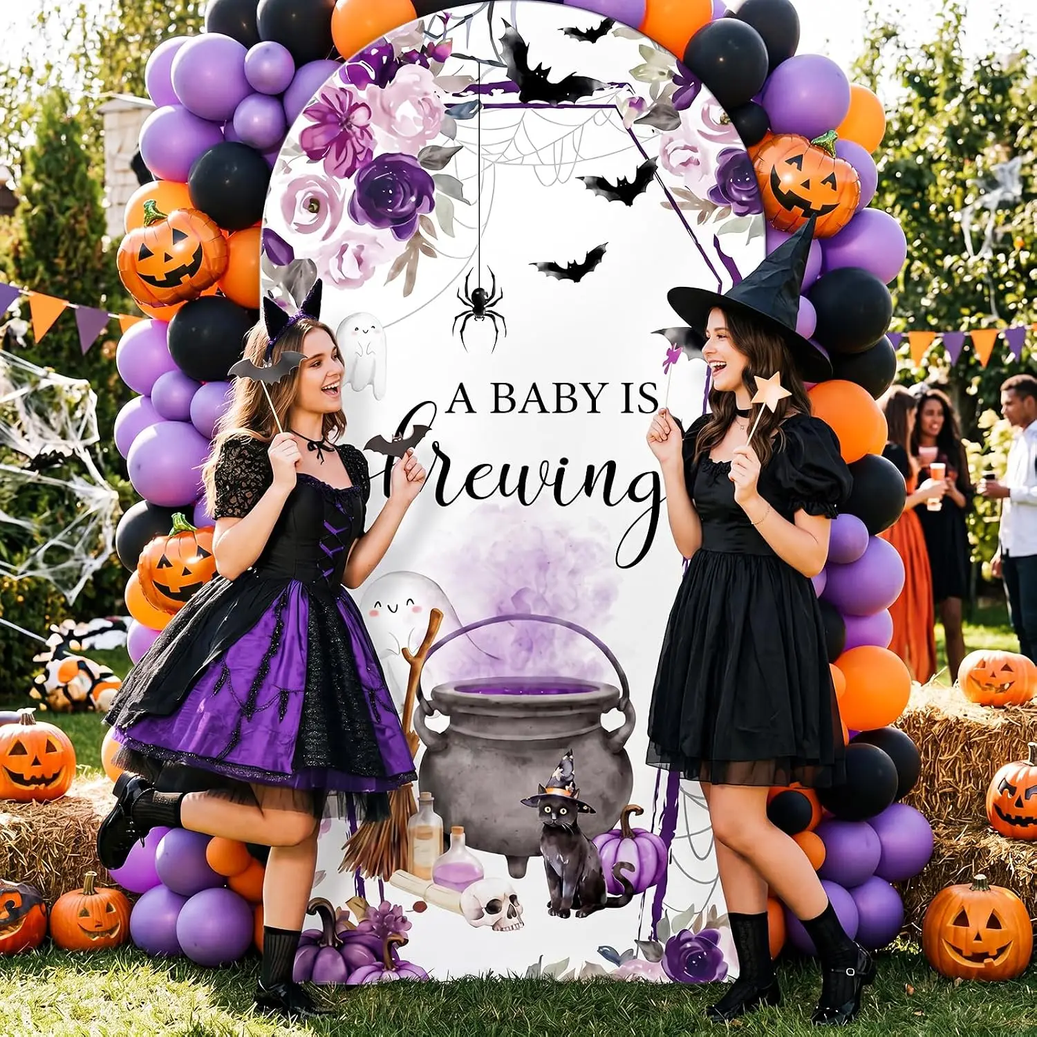 Halloween a Baby is Brewing Chiara Arch Background Cover Ghost Pumpkin Bat Spider Baby Shower Party Banner Backdrop Decorations