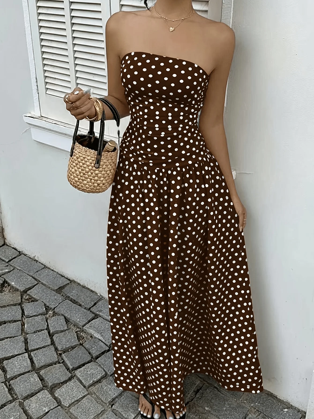 Women's Polka Dot Print Waist-Cinching Vest Dress Vacation Style Long Brown Maxi Skirt Elegant Casual Summer Fashion - Image 2