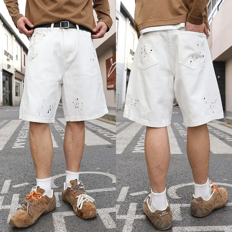 

European Summer White Short Pants Male Ink Sprayed Baggy Fit Denim Short Jeans For Men