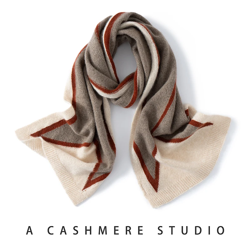 

Light Luxury Soft Glutinous A-level 100% Pure Cashmere Scarf for Women's Autumn Winter Warm Scarf Shawl Fashion Stripe Contrast