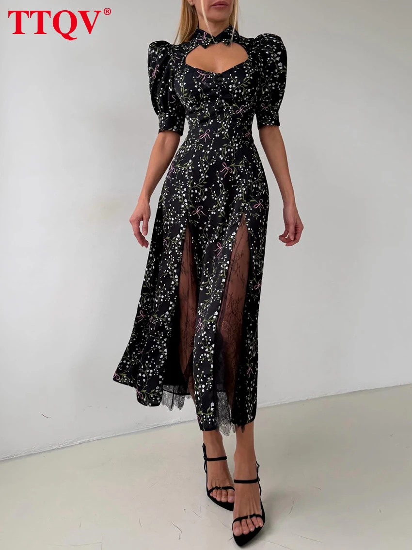 

TTQV Summer Slim Print Women Dress Sexy Stand Collar Short Sleeve Ankle Length Dresses Elegant Classic Lace Spliced Female Dress