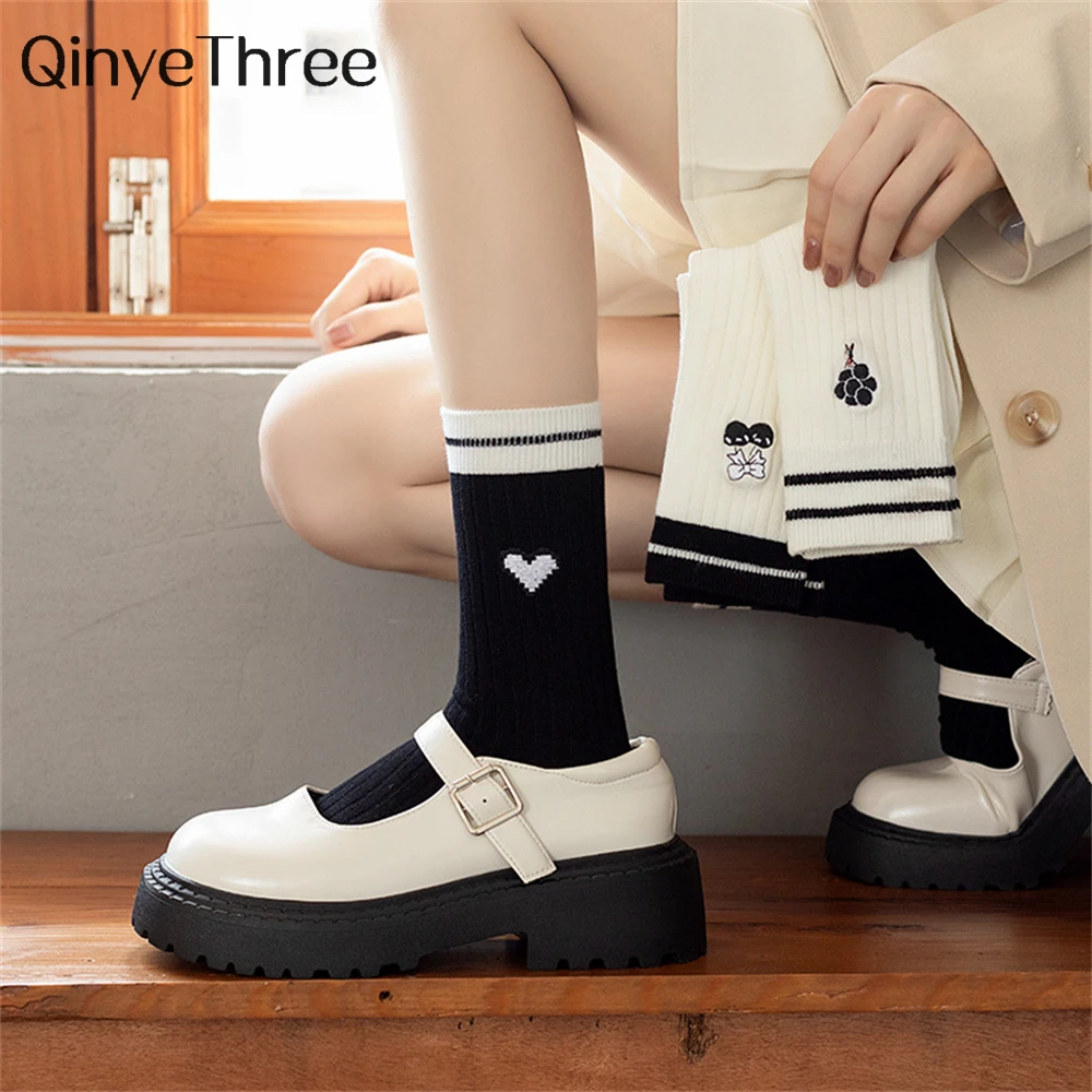 

New Women's Embroidered Love Heart Cherry Flower Striped Soft Bamboo Fiber Daily Socks Antibacterial Hygroscopic Odorproof
