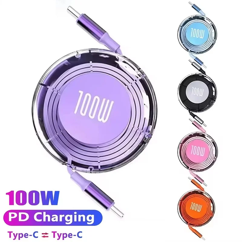 100W PD USB Type C To Type C Cable Retractable Fast Charging USB C Cable For iPhone 16 15 Huawei Xiaomi MacBook Laptop Data Wire