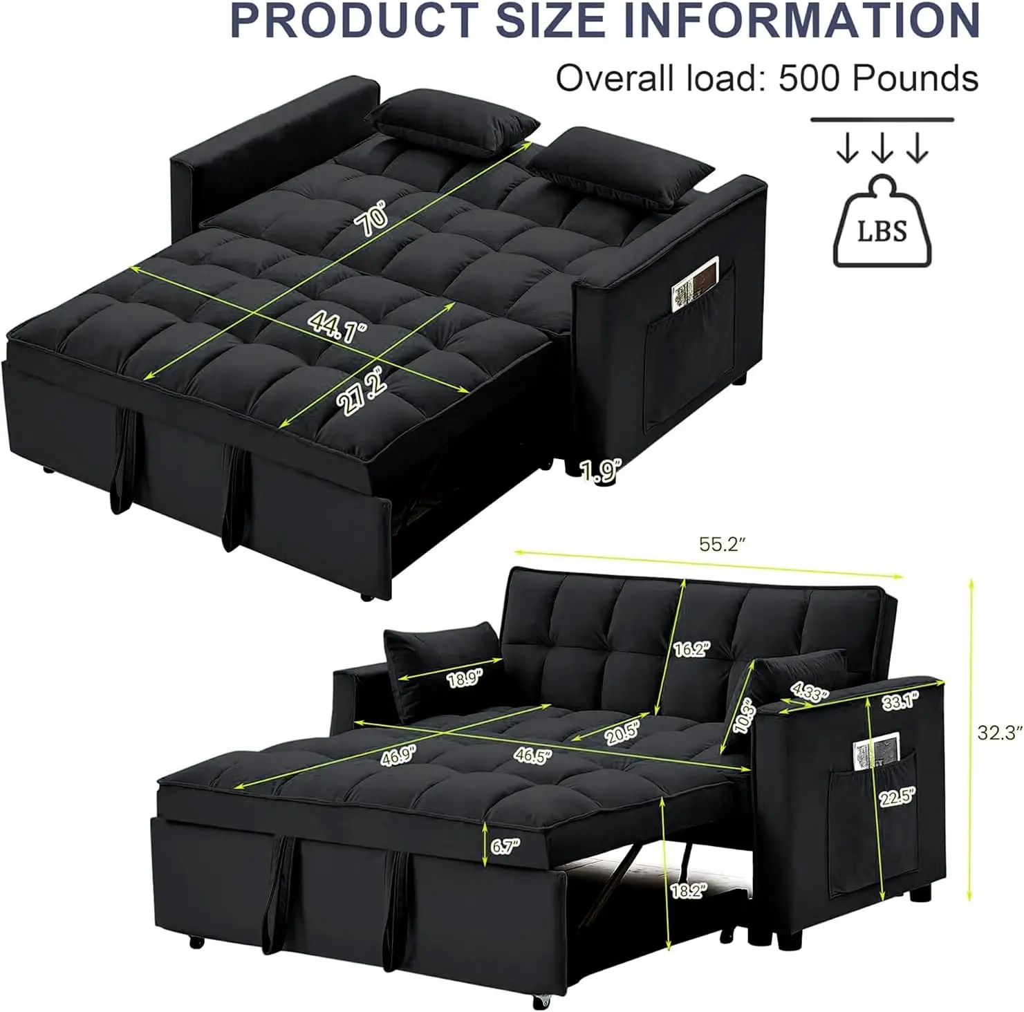 55.2'' Pull Out Couch 2-Seater Sleeper Loveseat, 3-in-1 Reclining Sofa Bed, Futon Adjustable Backrest with Pillows, Pockets,