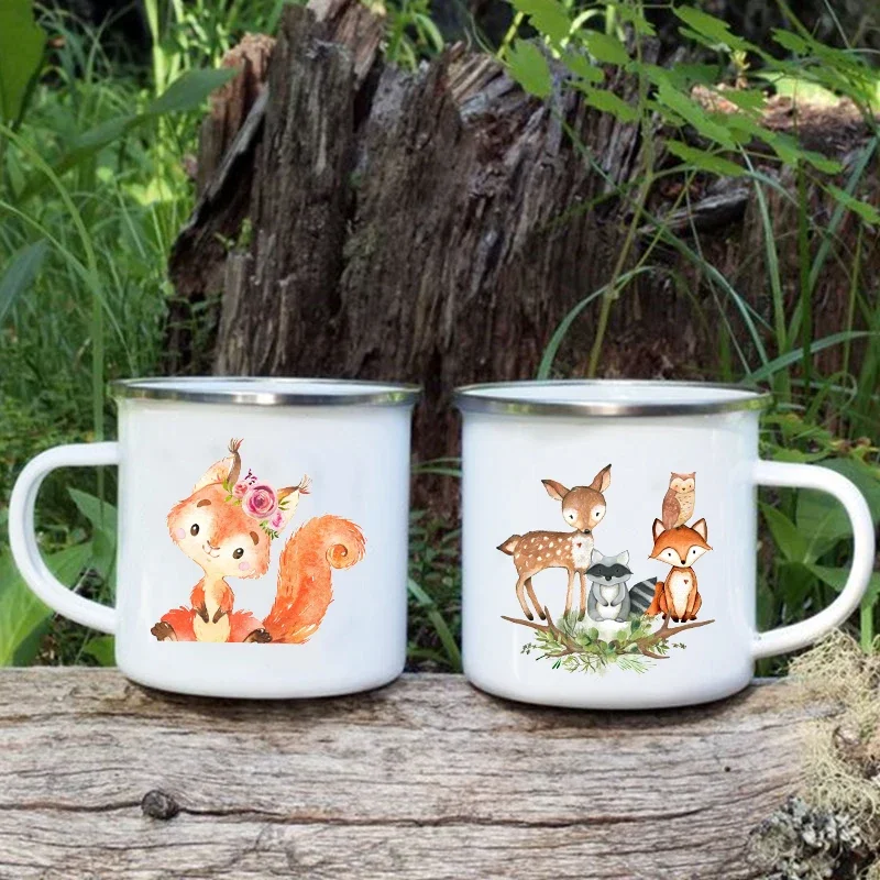Cute Cartoon Animal Deer Raccoon Owl Print Mugs Creative Enamel Coffee Mugs Children Kids Breakfast Milk Dessert Cups Child Gift
