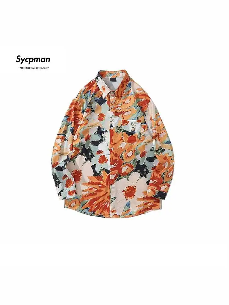 Sycpman Vintage Flower Print Long Sleeve Shirts for Men Autumn Loose Casual Shirt Couple Streetwear Clothing