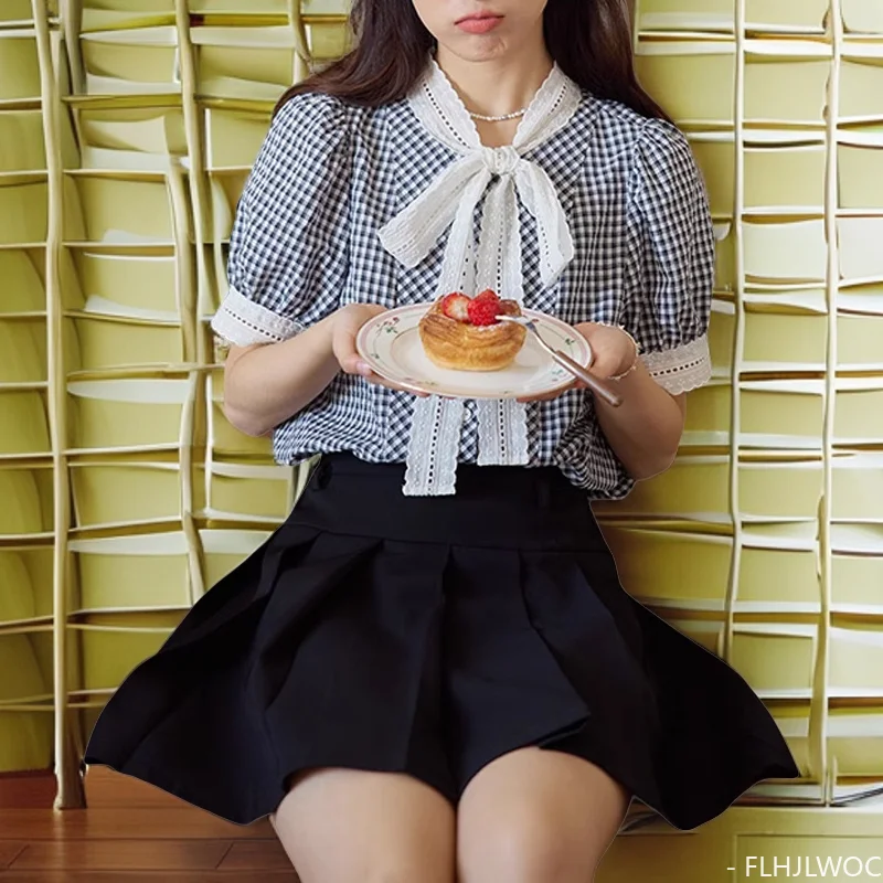 

Cute Sweet Ruffles White Lace Bow Tie Tops Women Chic Korean Japan Style Clothes Preppy Girls Green Black Plaid Shirts Blouses