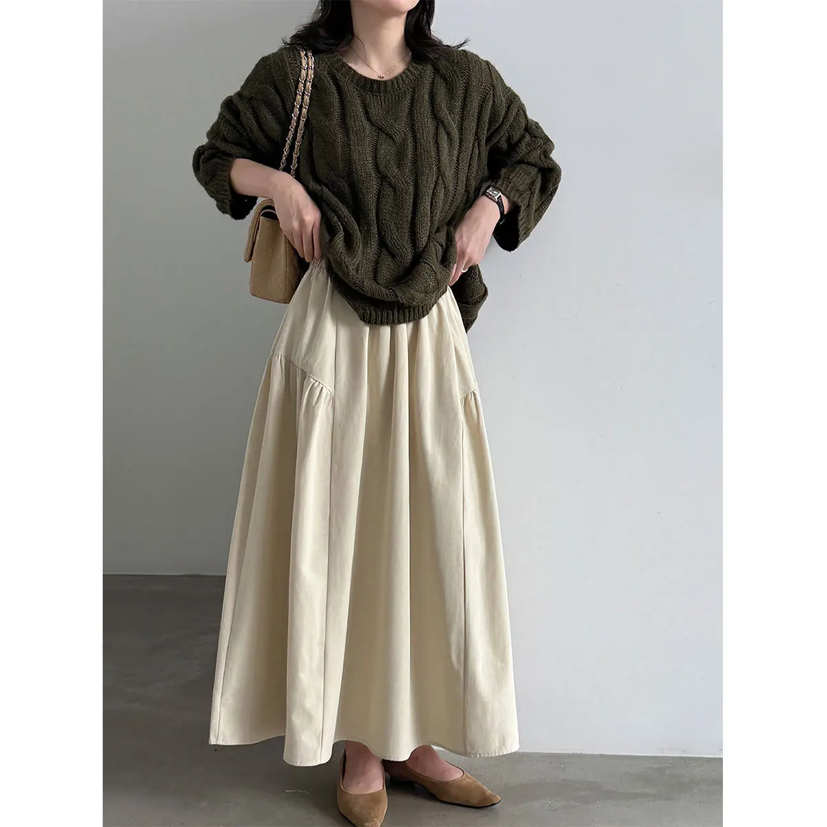 Women A-Line Khaki Color Long Skirt Stretch High Waist Women Maxi Skirt Saia Longa Falda Jupe