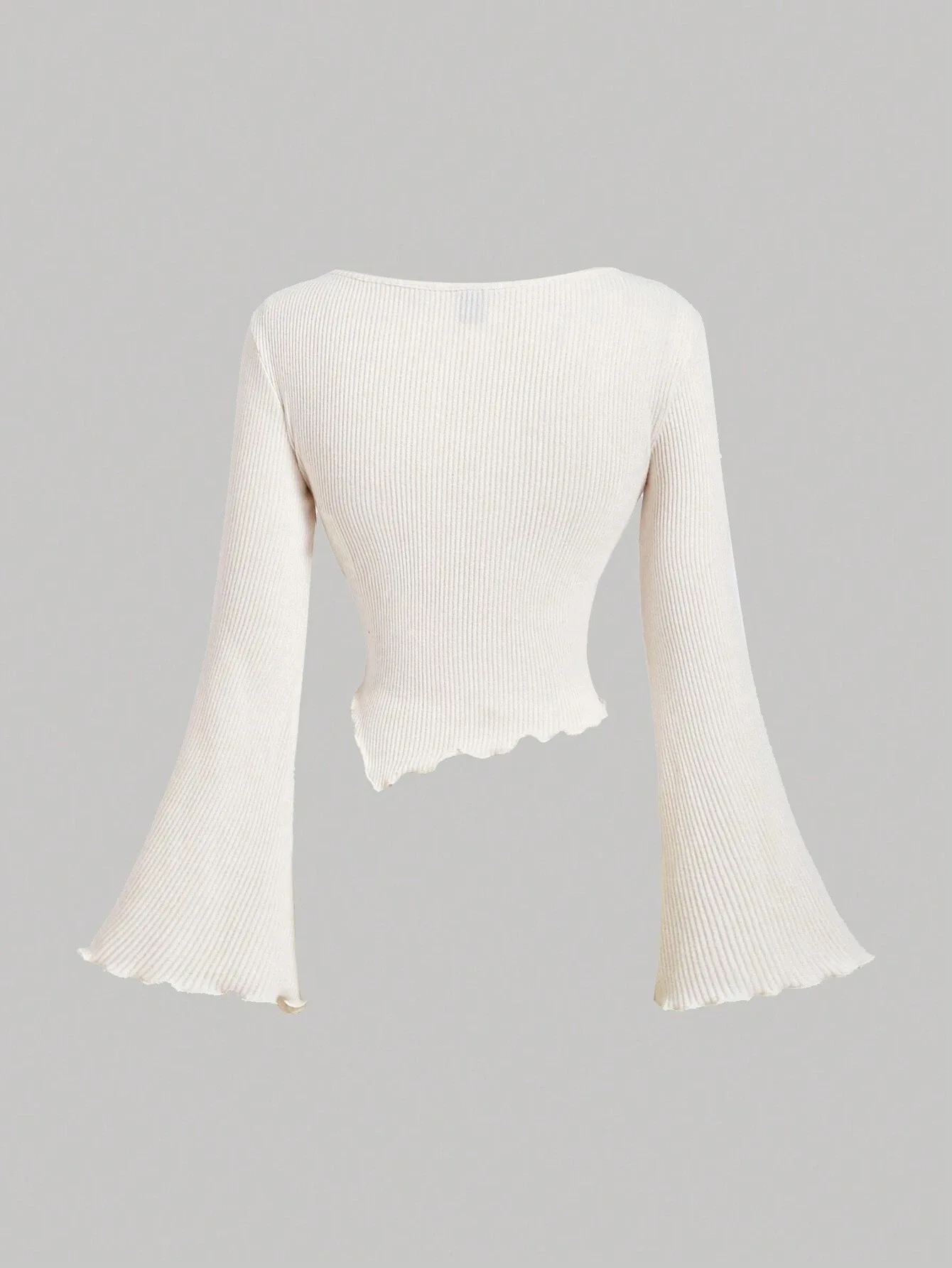 Women's Solid Color Ribbed Wrap Top Long Bell Sleeve Asymmetrical Cropped Blouse Elegant Casual Knit Shirt For Daily & Dating