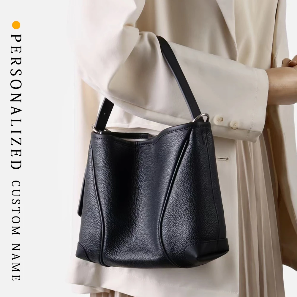

New style first-layer cowhide bucket bag for women featuring contrast color design high-end feel easy-matching single should
