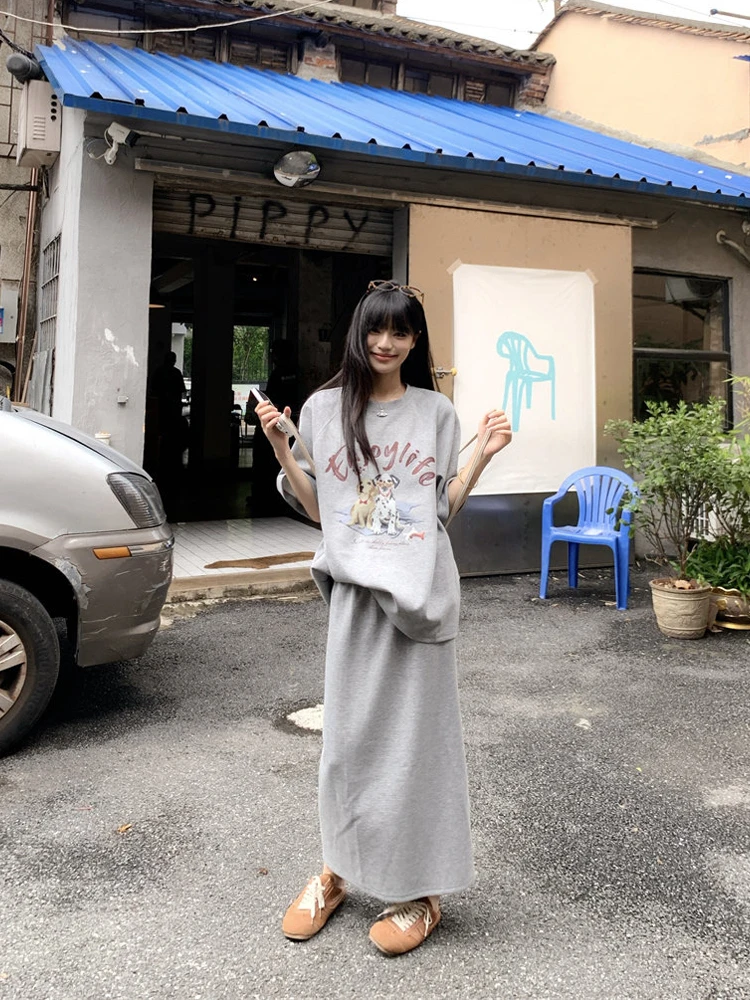 

Laid-back Style American Dog Print Loose Short Sleeve T-shirt High Waist Skirt Women's Summer New Two-piece Set Casual Wear