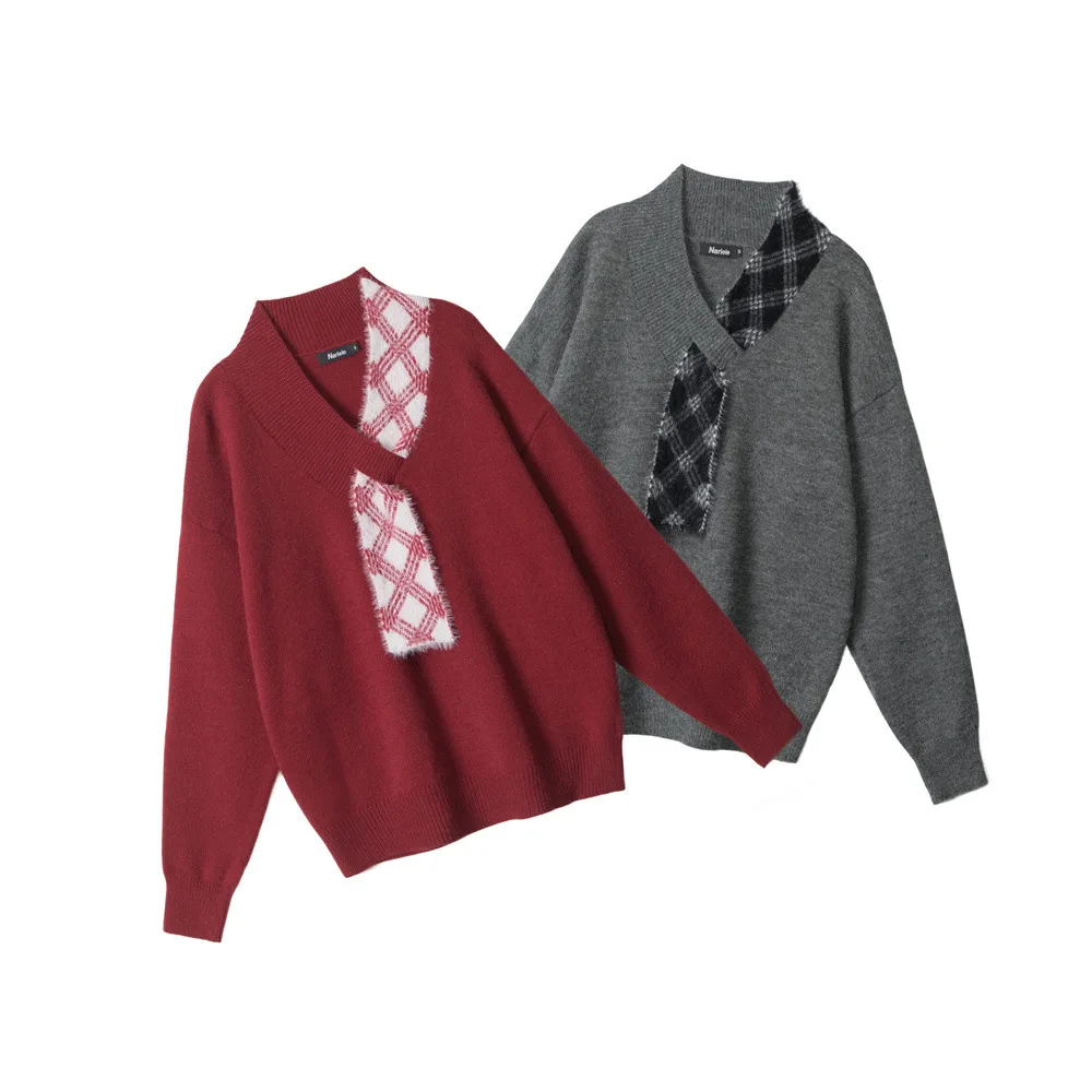 

SuperAen Korean Style Sweet V-neck Design Sweater for Women's Autumn and Winter New Oversize Fashion Pullover Knitted Sweaters