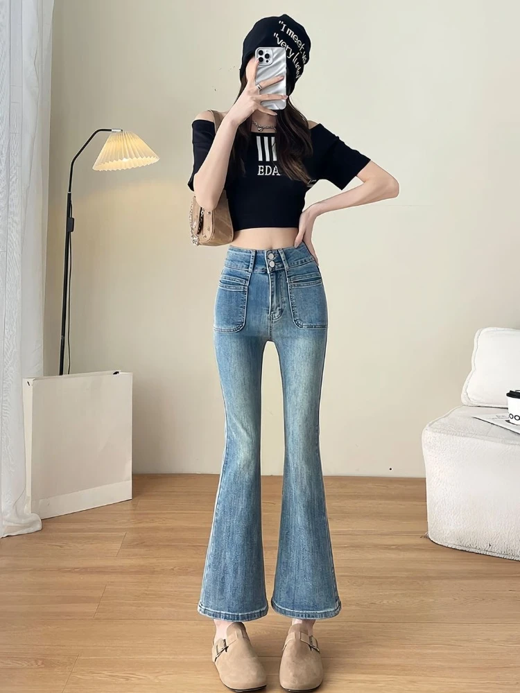 

Women's High Waist Slim Fit Double Button Micro Flare Jeans Cropped Stretch for Petite Slimming Spring Autumn New