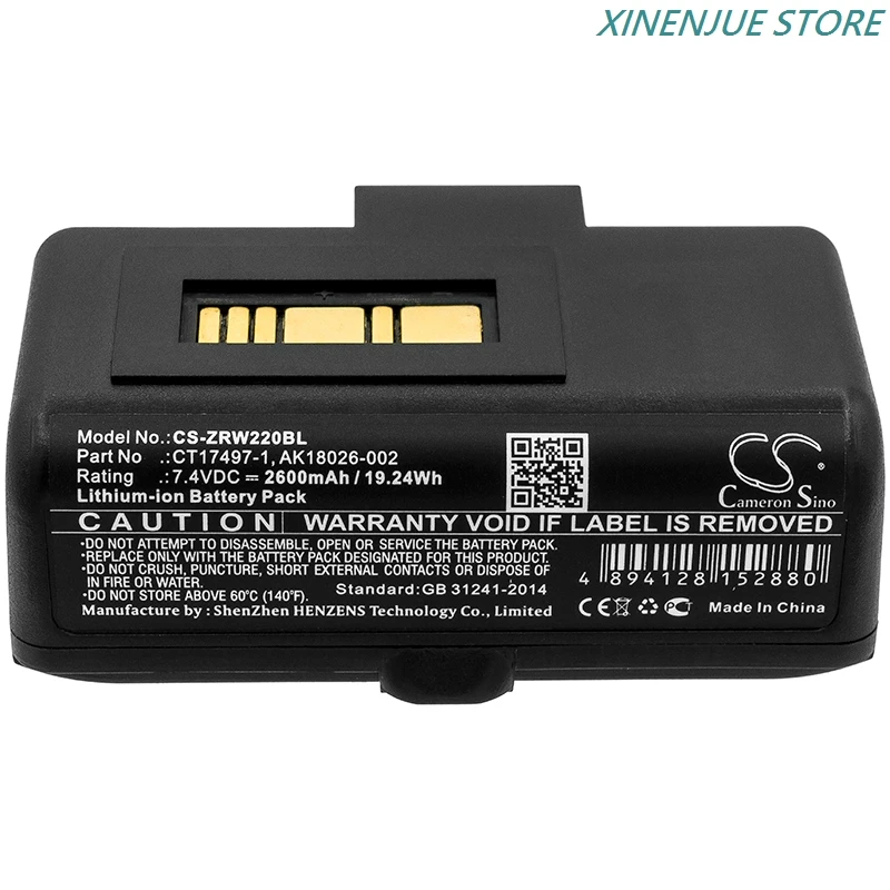 Portable Printer Battery 7.4V/2600mAh/3400mAh CT17497-1,AK18026-002 for Zebra RW220,RW320