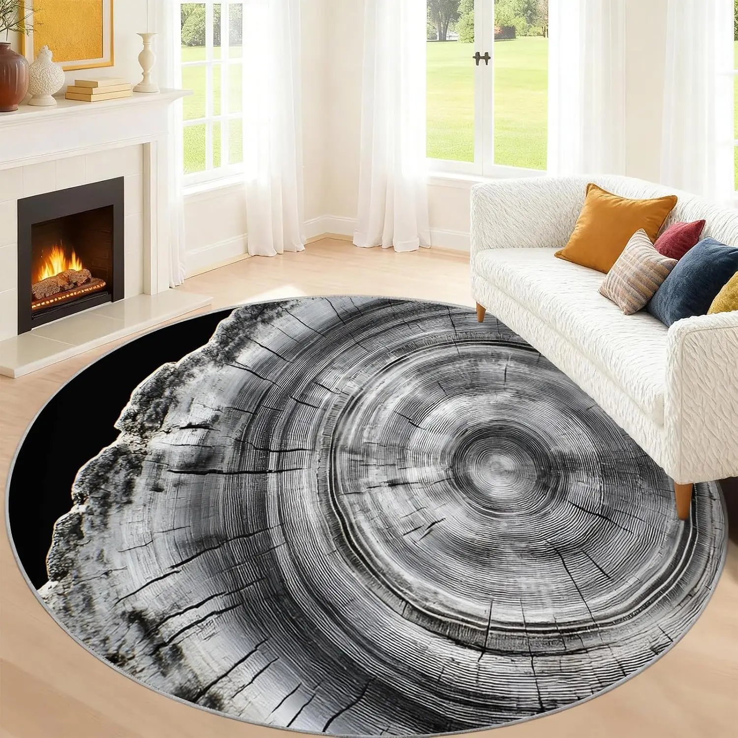 Rustic Circular Wood Slice Cross Section Rug Polyester Boho Modern Area Floor Decor for Living Room Bedroom Entrance Mat