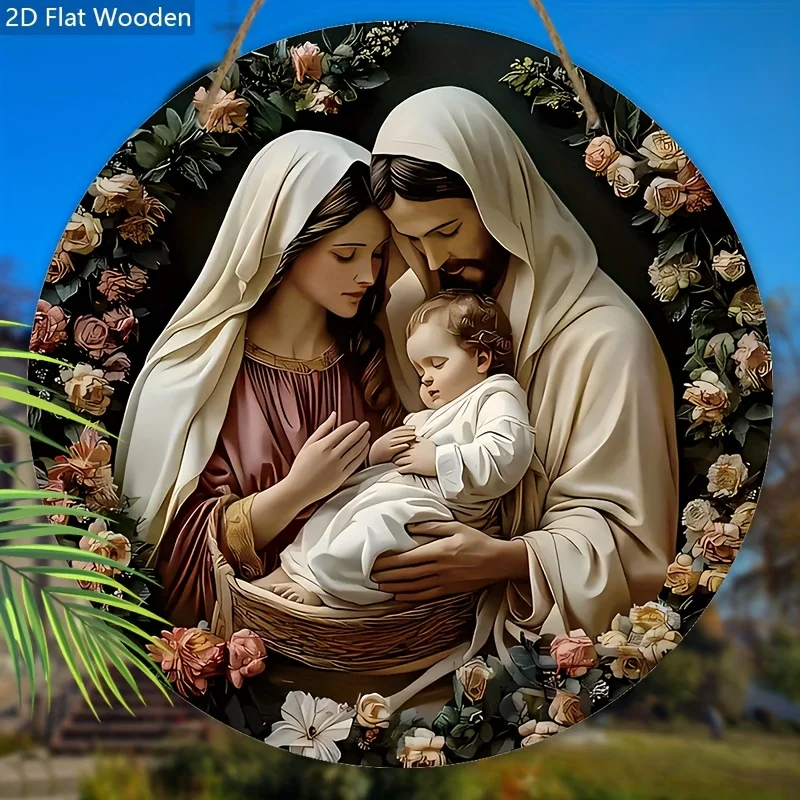 2D Flat, 1pc Nativity Wooden Sign - Artistic Christmas Wreath Sign for Front Door, Wall Hanging Decor - Ideal Christmas Gift for