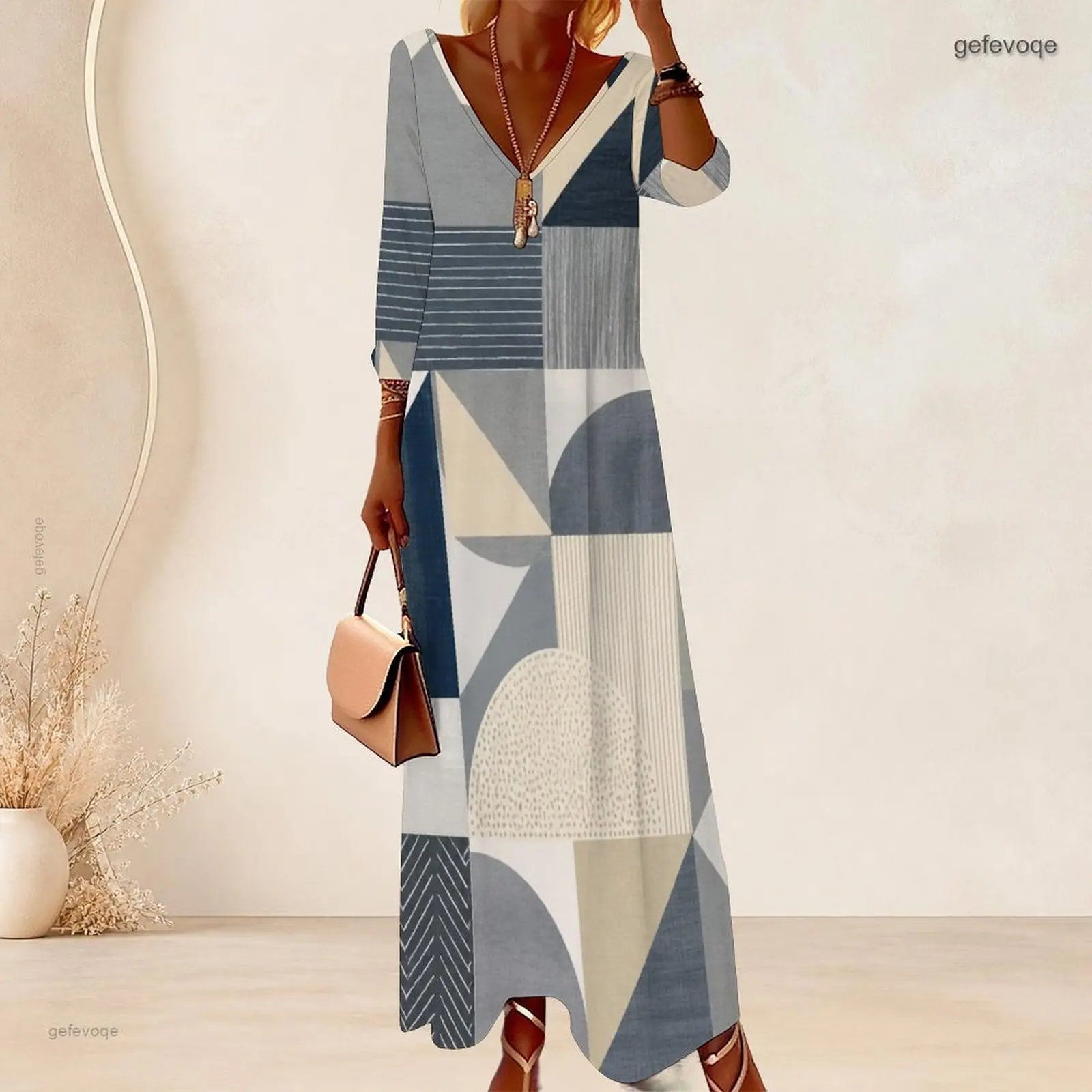 Women V Neck 3/4 Sleeve Geometric Printed Long Dress