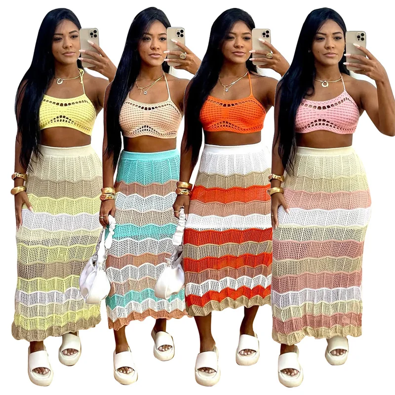 plus Size XXL 2PCS Women's Knitting Bikini Cover-Up Set Sexy Halter Crop Top High Waist Skirt Bottom Wrap Long Beach Dress