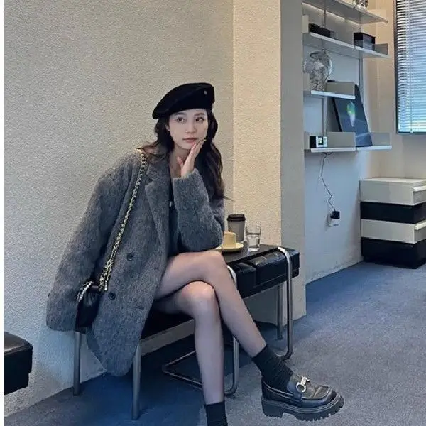 Women Y2k Blends Casual Coat Button Coats Turn Down Collar Long Sleeves Jackets Loose Thick Slight Strech Open Stitch Autumn