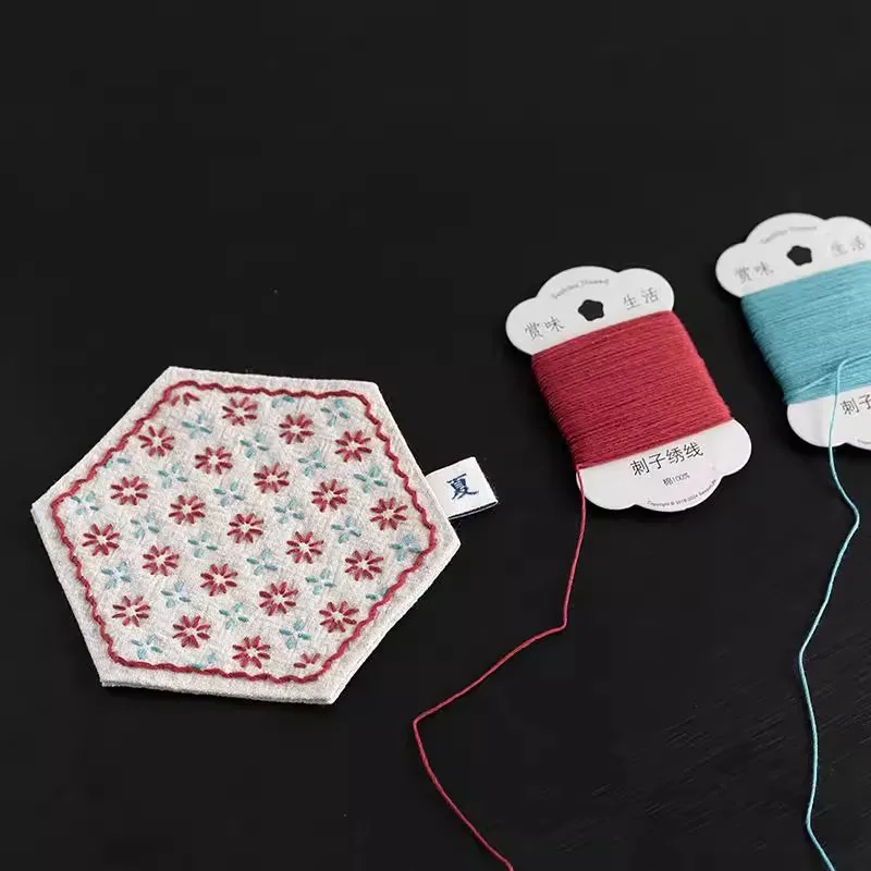 DIY Sashiko Kit Includes Pre-Punched Fabric, Needle, Thread For Hexagonal Coaster Tea Pad