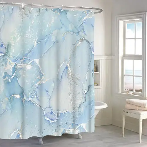 Stylish Blue Marble Pattern Shower Curtain Waterproof Polyester Bathroom Bath Decor Curtain for Modern Spa Shower Stall