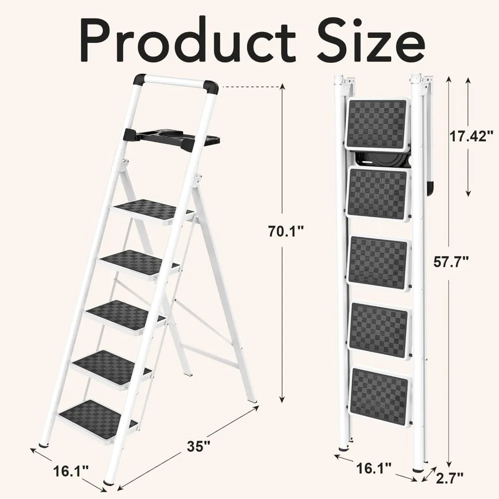 Step Ladder, 5 Step Ladder Folding Step Stool with Tool Platform, Portable Sturdy Steel Ladder for Adults Home Outdoor