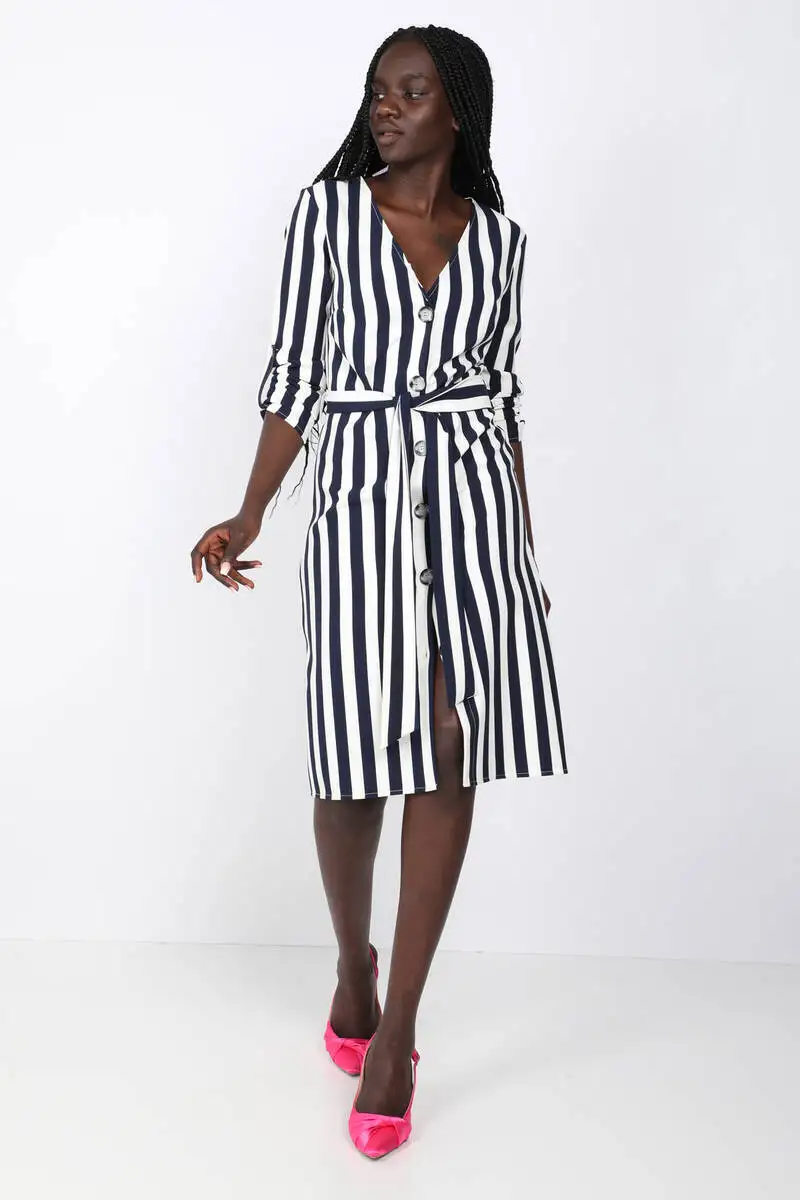 Women Striped Button V Collar Dress