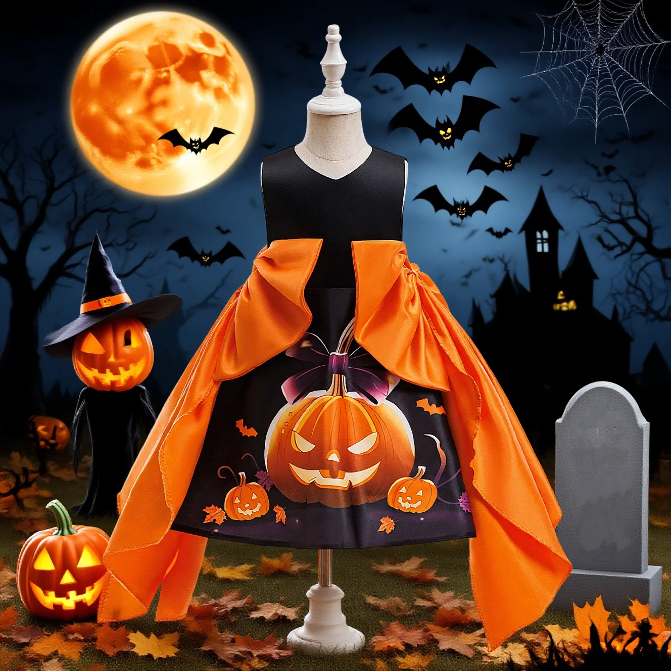 

Оранжевый костюм девушки на Хэллоуин, фестиваль, игра, атмосфера Хэллоуина, платье, юбка, дизайн с бантом