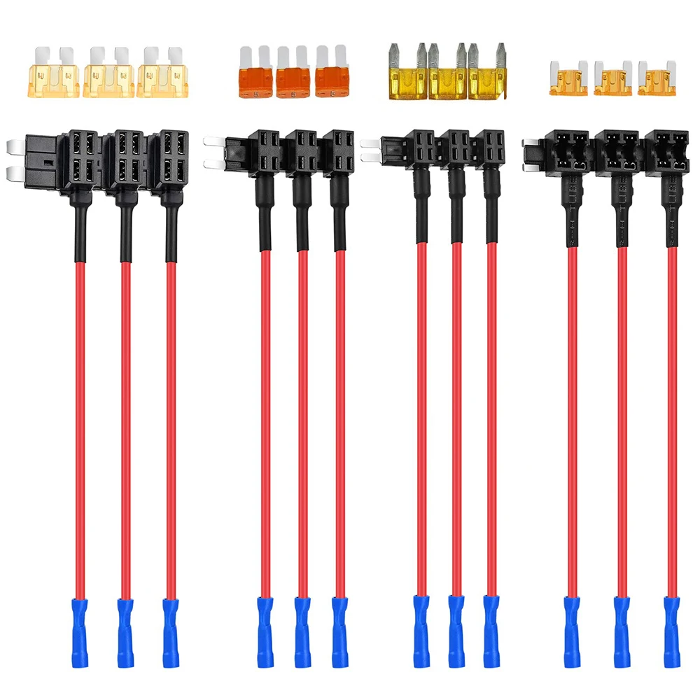 12pcs 3type Fuse Holder Add-A-Circuit TAP Adapter & Fuse Kit Micro Mini Small Medium ATM APM ATO ATC with 12V 10A Blade Car Fuse