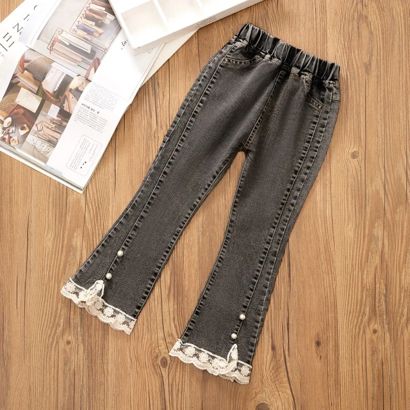 2024 Autumn New Girls Denim Bell Bottoms Lace Bow Denim Trousers Kids Girl Cute Elastic Waist Solid Casual Jeans