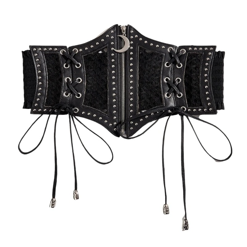 

Wide Waist Belt Punk Lattice Chain for Cowboy Cowgirl Lace-up Trendy Underbust Waist Chain Belt Moon Pendant