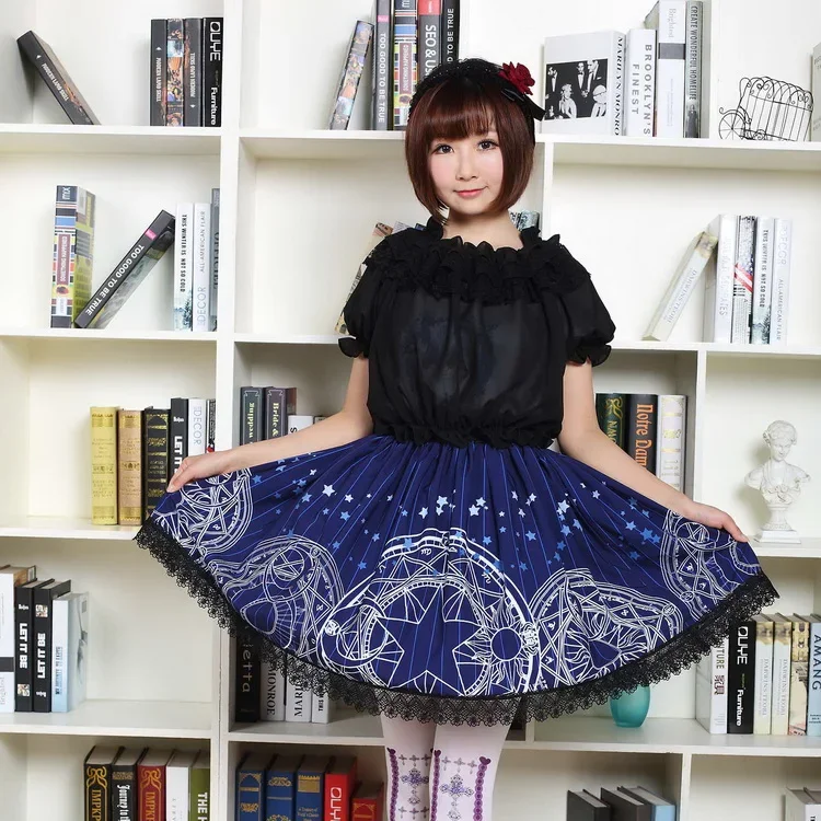 Navy Blue Gothic Short Skirt Japanese Style Magic Circle and Stars Printed Pleated Lolita Skirt