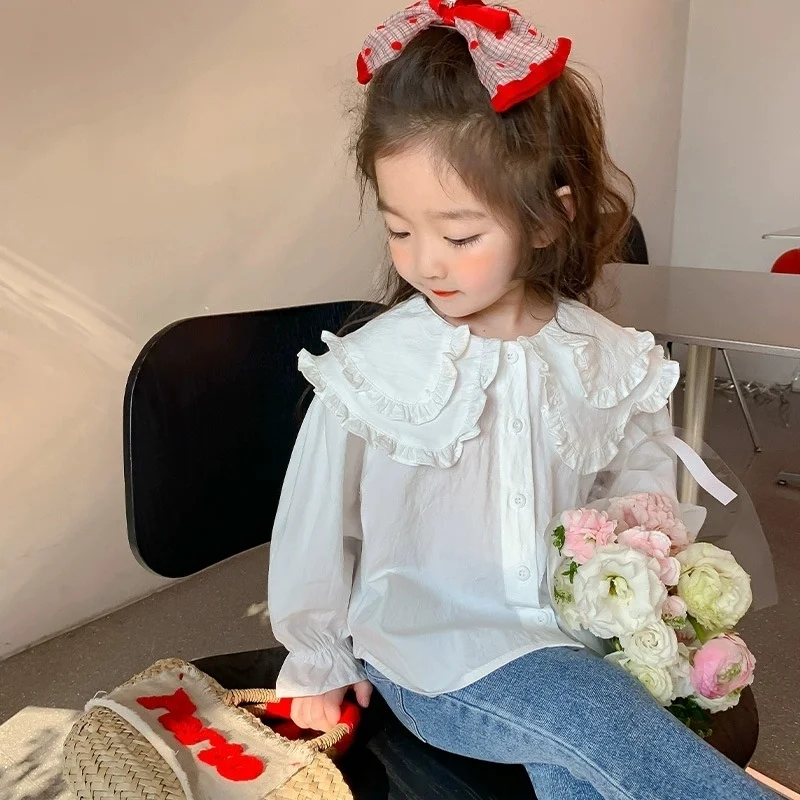 Girls' Spring Shirts in Stock 2026 New Top Children's Clothing Doll Collar Baby Clothing 2-8 Year Old Clothing Children's Gifts