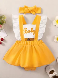 Square Collar Yellow Gorgeous BabyGirl One-Piece Skirt Flying Sleeve Letter Print Breathable Waist Small Skirt Triangle Ha Dress